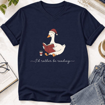 I'd Rather Be Reading Ultra-Soft V-Neck | Cozy Christmas Book Lover Gift Navy