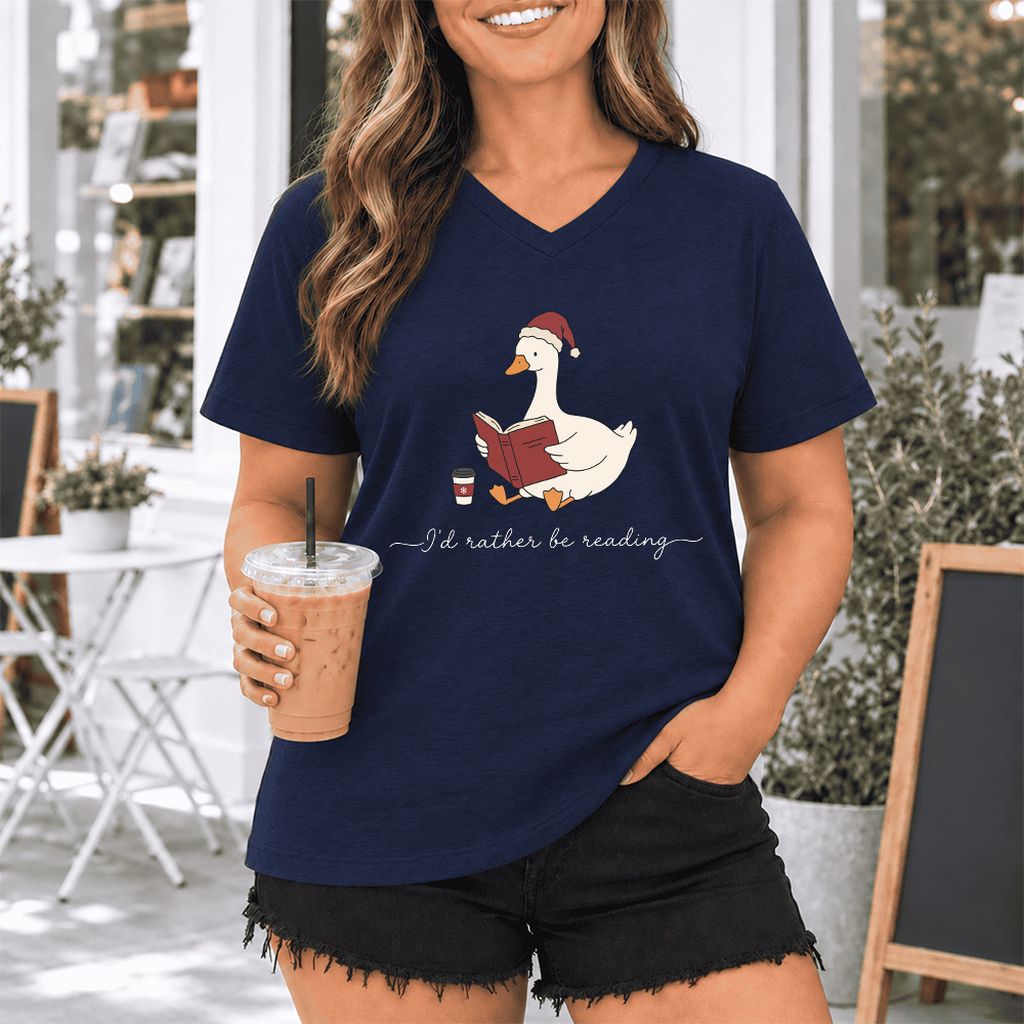 I'd Rather Be Reading Ultra-Soft V-Neck | Cozy Christmas Book Lover Gift Navy