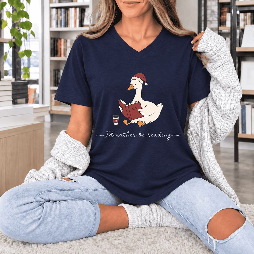 I'd Rather Be Reading Ultra-Soft V-Neck | Cozy Christmas Book Lover Gift Navy