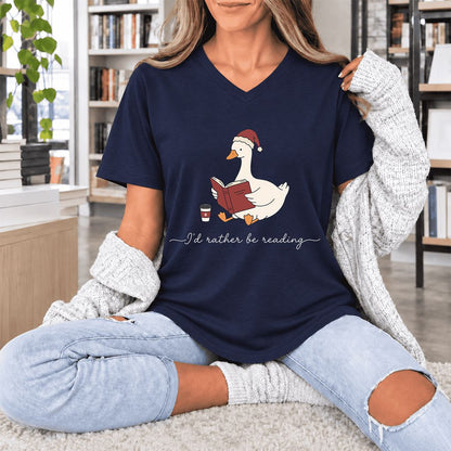 I'd Rather Be Reading Ultra-Soft V-Neck | Cozy Christmas Book Lover Gift Navy