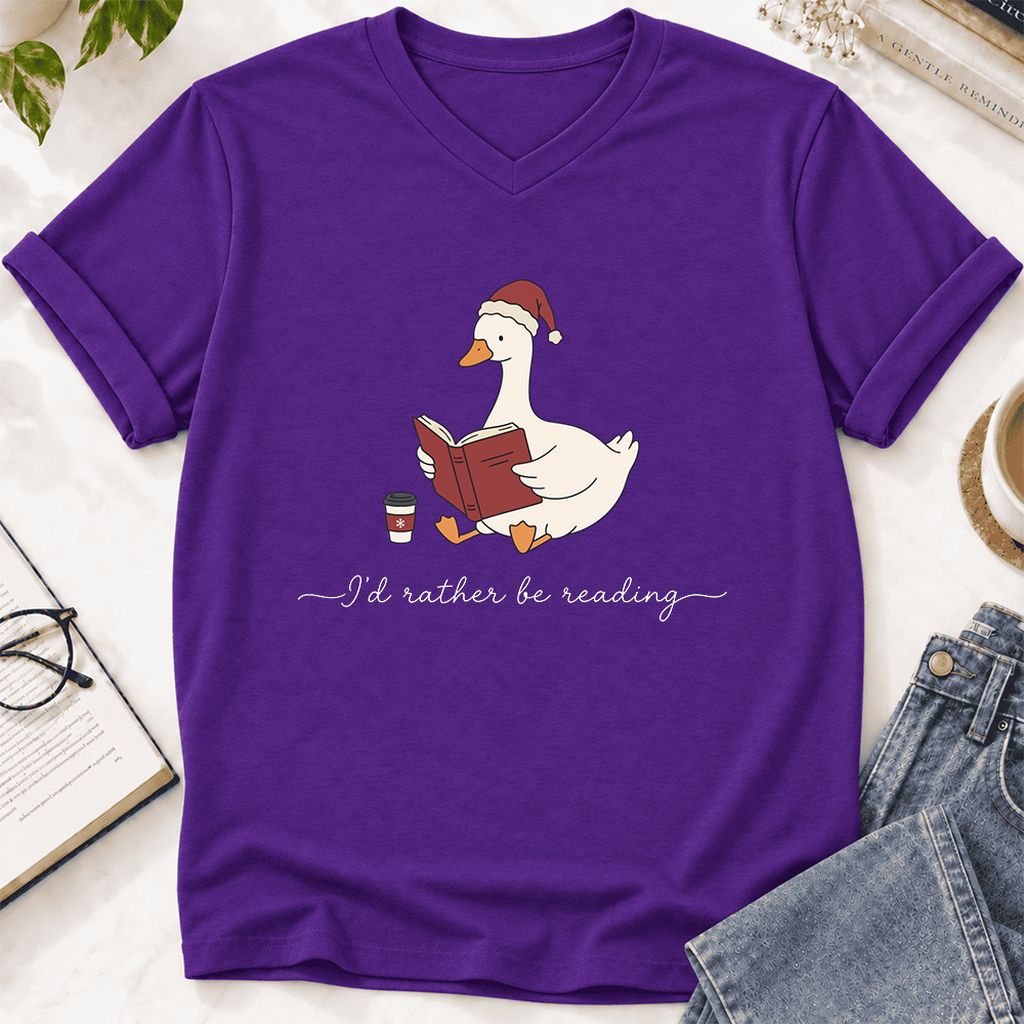 I'd Rather Be Reading Ultra-Soft V-Neck | Cozy Christmas Book Lover Gift Team Purple