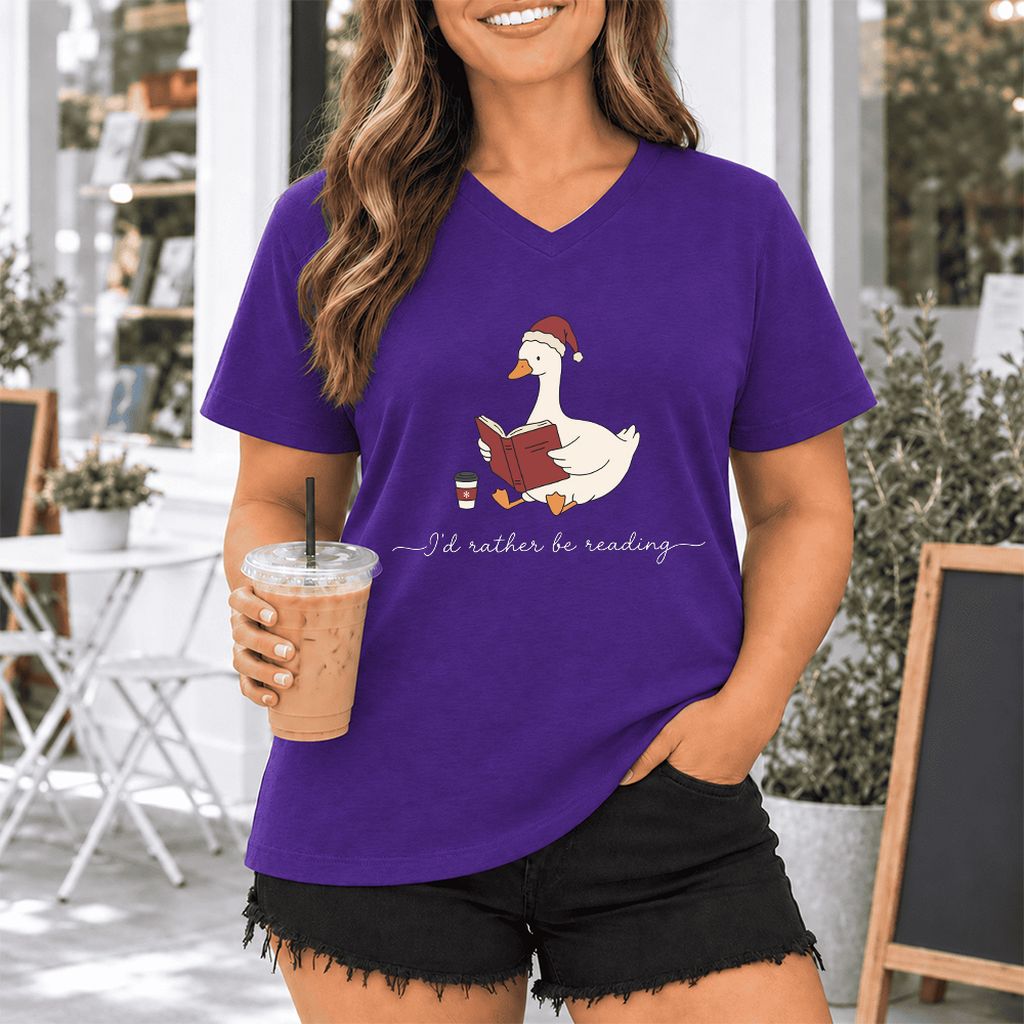 I'd Rather Be Reading Ultra-Soft V-Neck | Cozy Christmas Book Lover Gift Team Purple