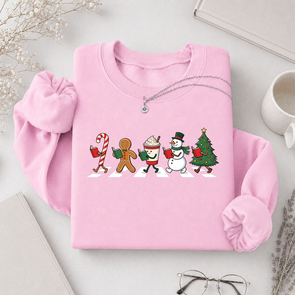 Christmas Reading Parade Printed Sweatshirt | Christmas Reader Gift Light Pink