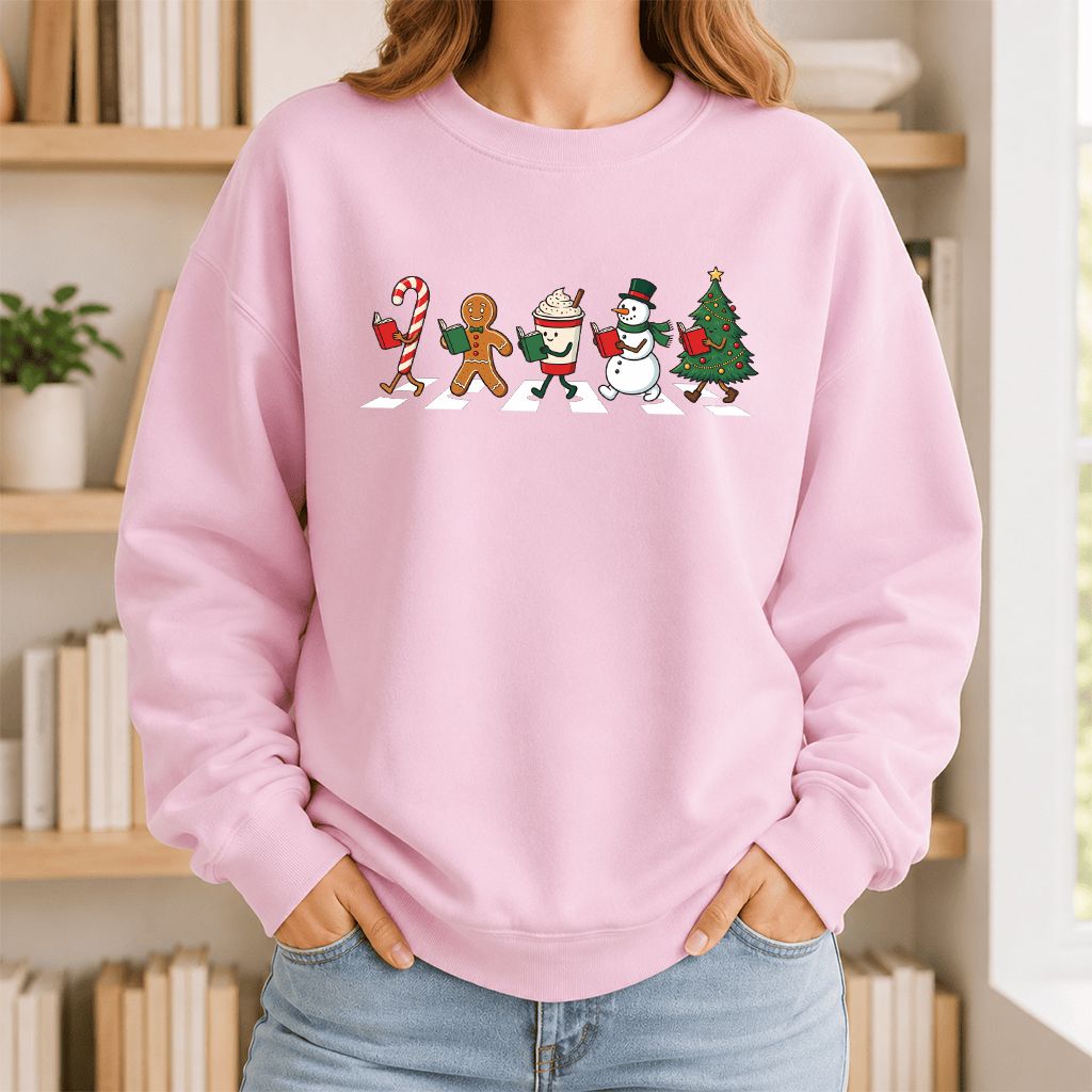 Christmas Reading Parade Printed Sweatshirt | Christmas Reader Gift Light Pink