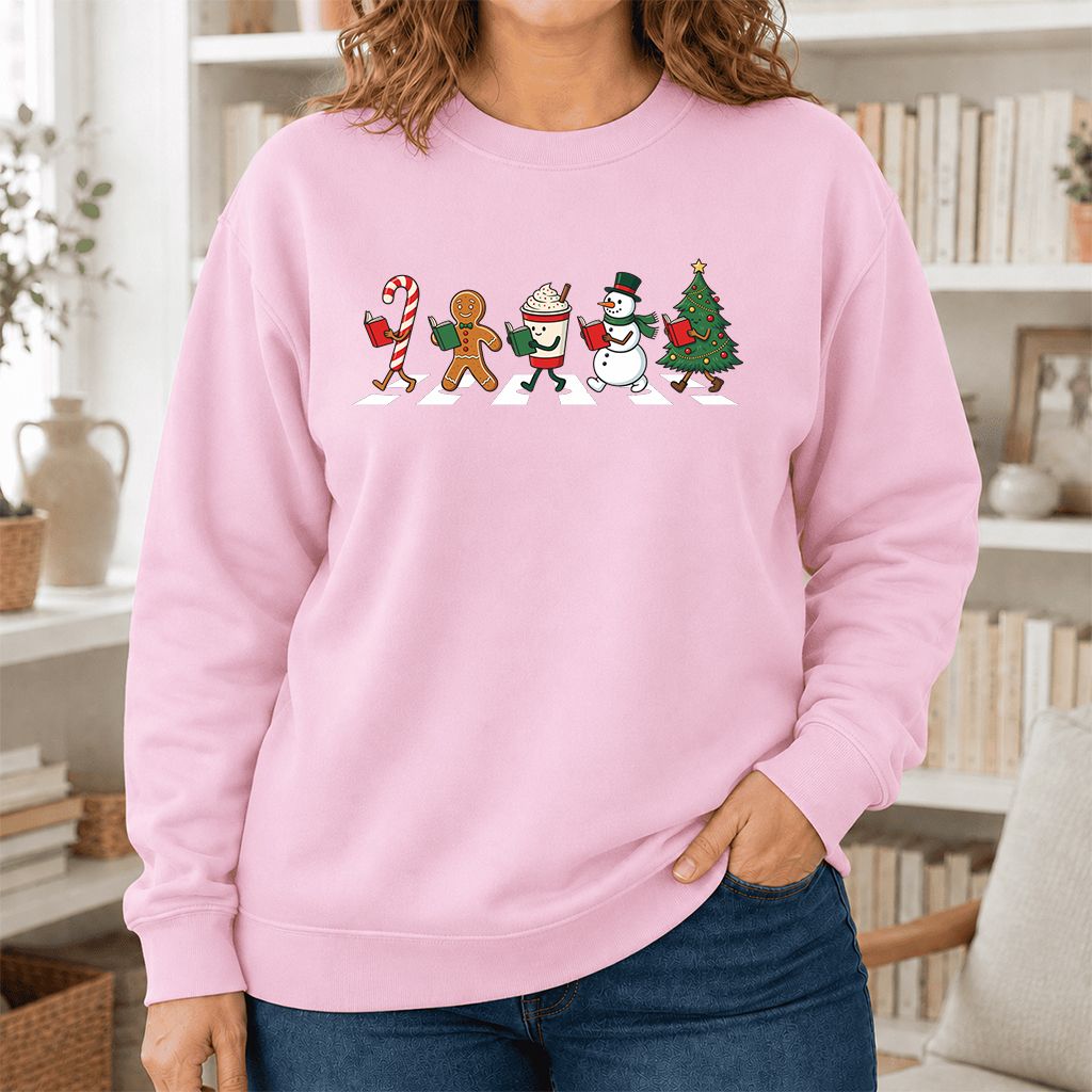 Christmas Reading Parade Printed Sweatshirt | Christmas Reader Gift Light Pink