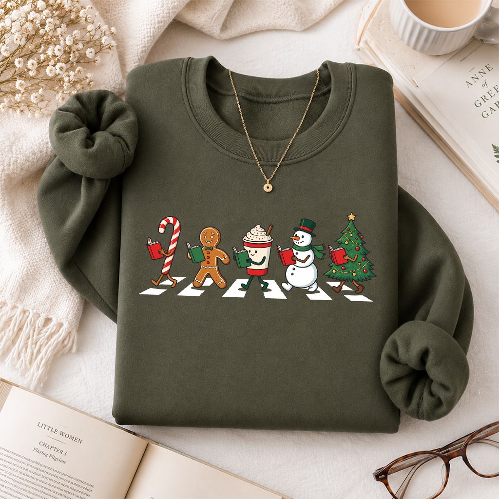 Christmas Reading Parade Printed Sweatshirt | Christmas Reader Gift Military Green
