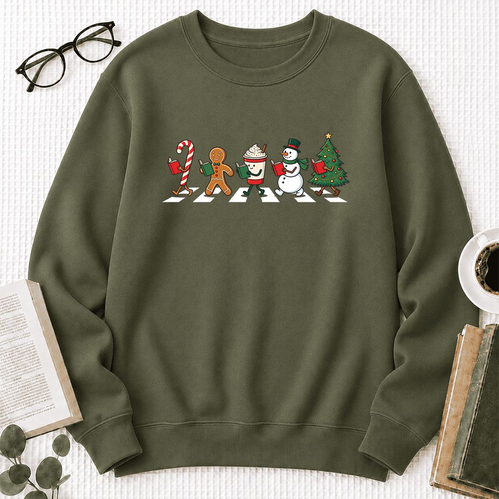 Christmas Reading Parade Printed Sweatshirt | Christmas Reader Gift Military Green