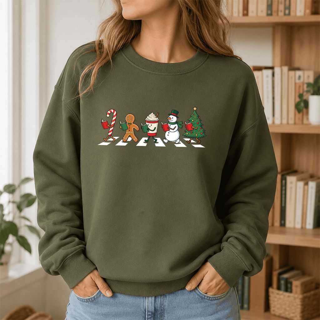Christmas Reading Parade Printed Sweatshirt | Christmas Reader Gift Military Green
