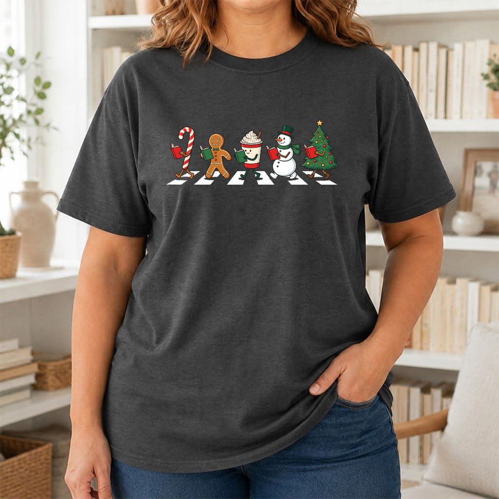Christmas Reading Parade Printed T-Shirt | Christmas Reader Gift Dark Heather