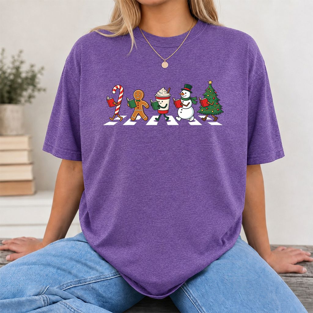 Christmas Reading Parade Printed T-Shirt | Christmas Reader Gift Heather Purple