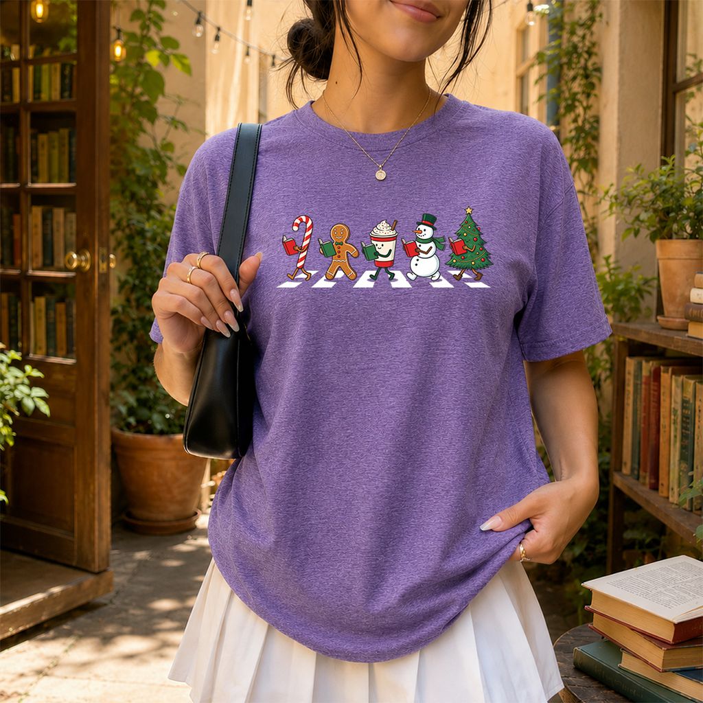 Christmas Reading Parade Printed T-Shirt | Christmas Reader Gift Heather Purple