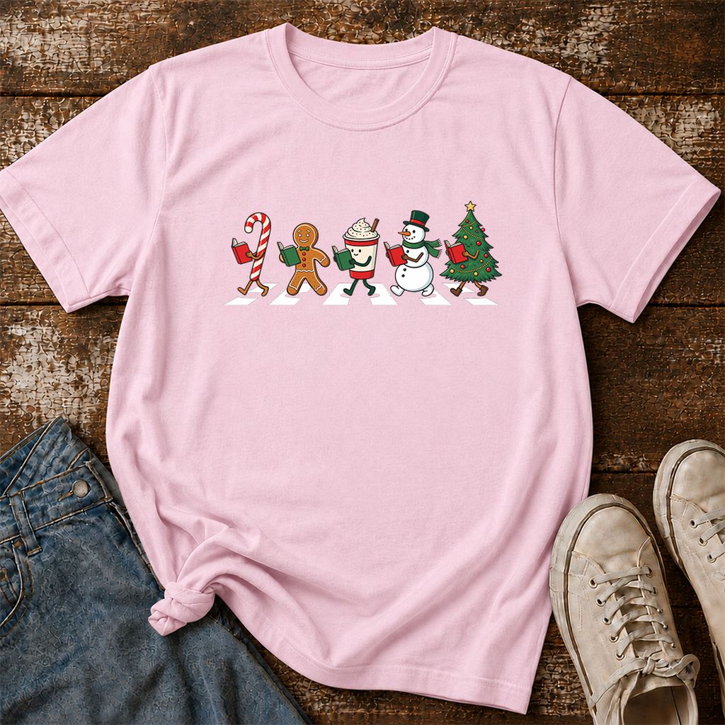 Christmas Reading Parade Printed T-Shirt | Christmas Reader Gift Light Pink