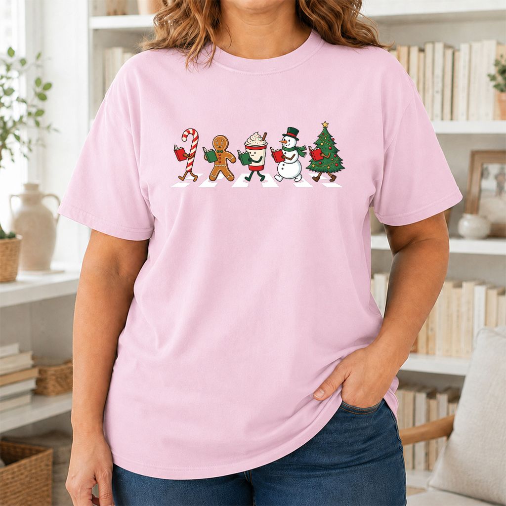 Christmas Reading Parade Printed T-Shirt | Christmas Reader Gift Light Pink