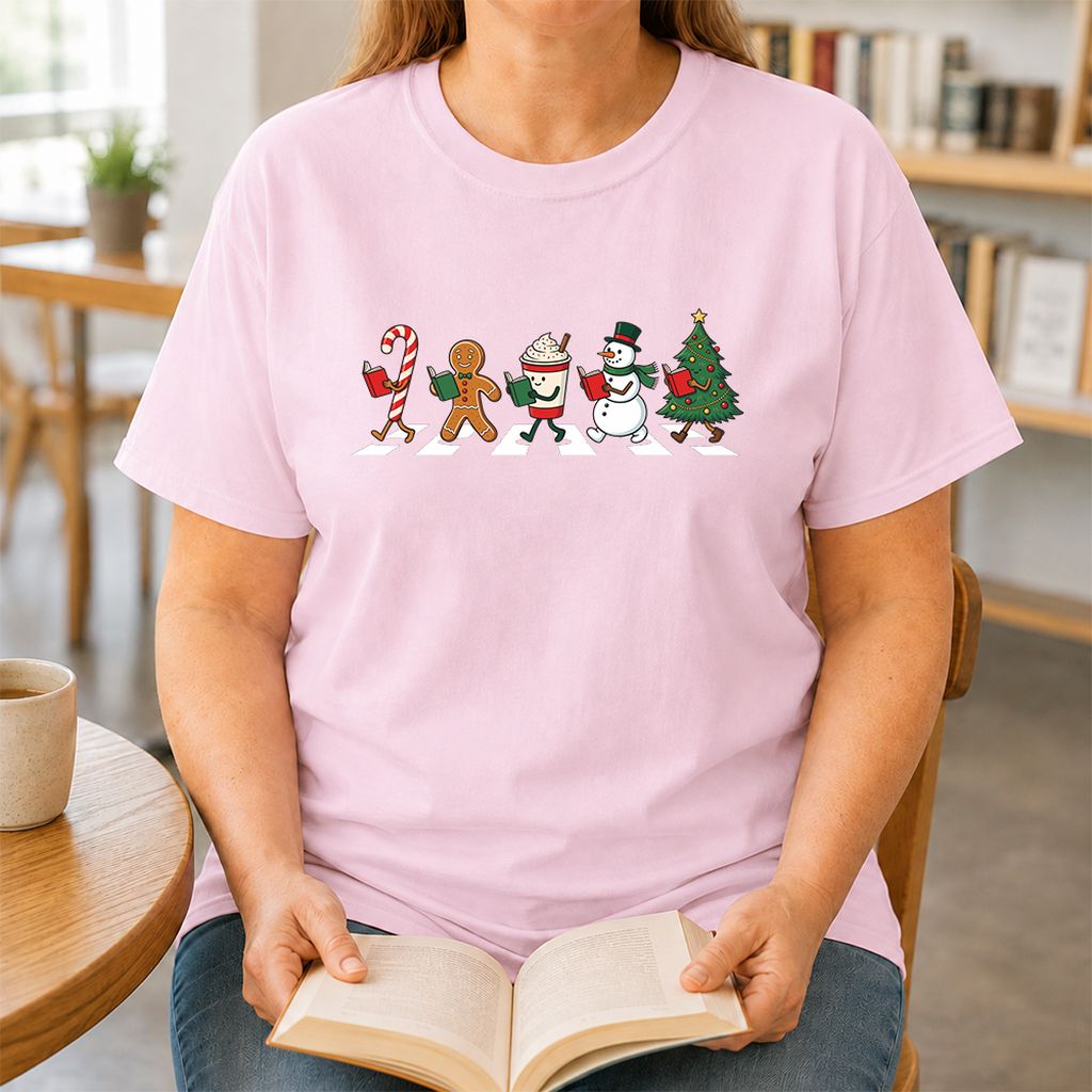 Christmas Reading Parade Printed T-Shirt | Christmas Reader Gift Light Pink