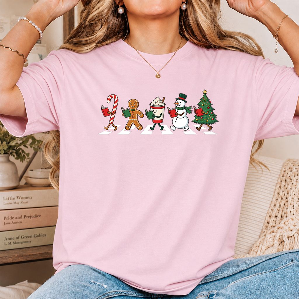 Christmas Reading Parade Printed T-Shirt | Christmas Reader Gift Light Pink