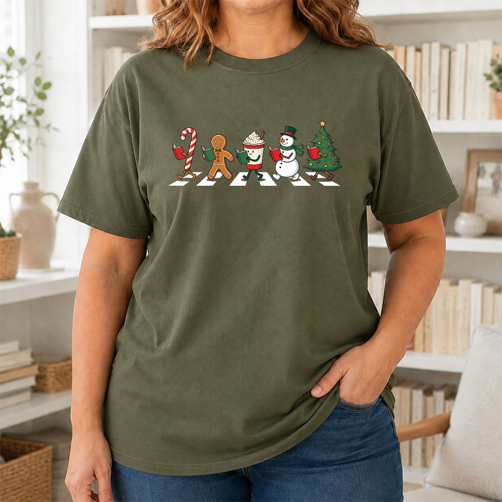 Christmas Reading Parade Printed T-Shirt | Christmas Reader Gift Military Green