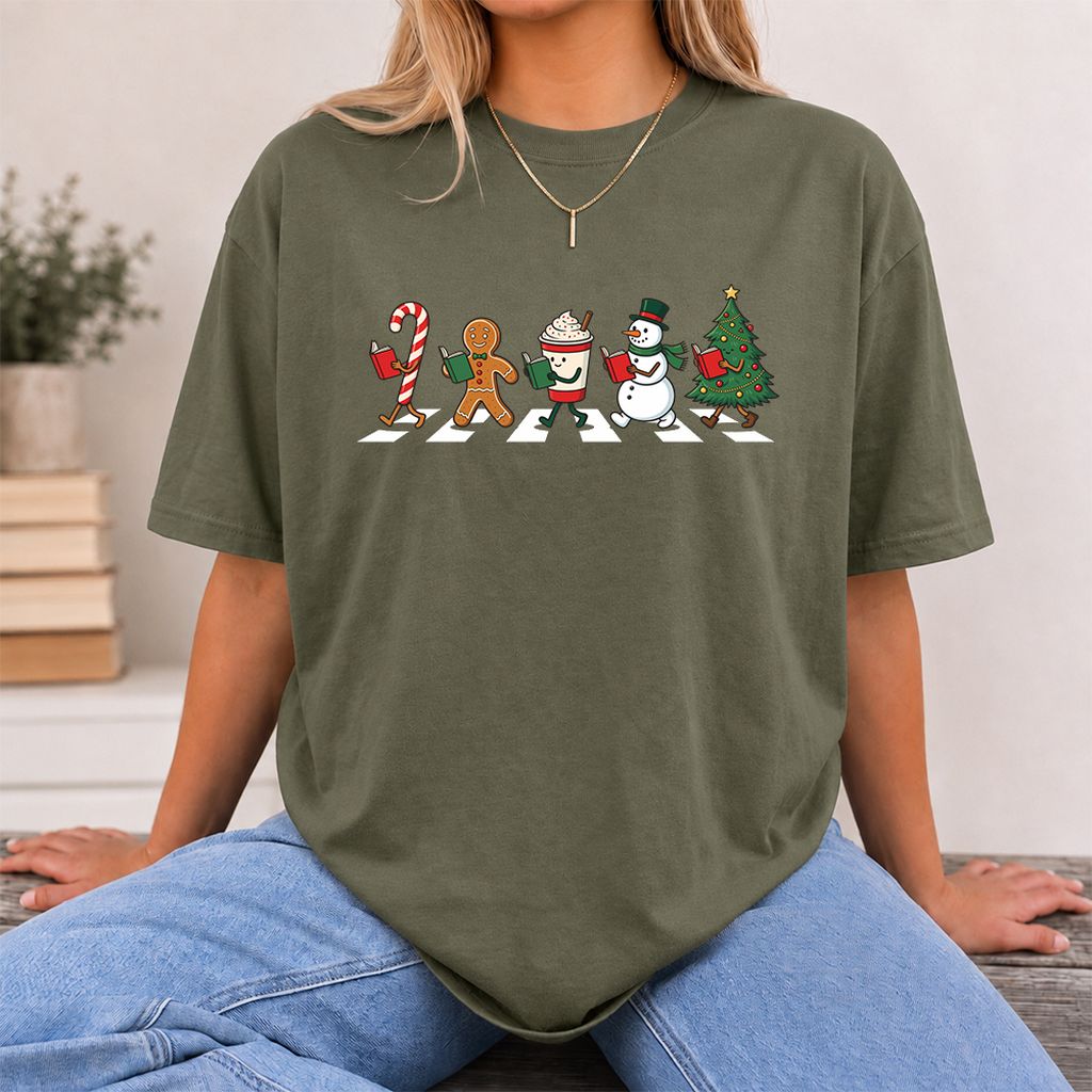 Christmas Reading Parade Printed T-Shirt | Christmas Reader Gift Military Green