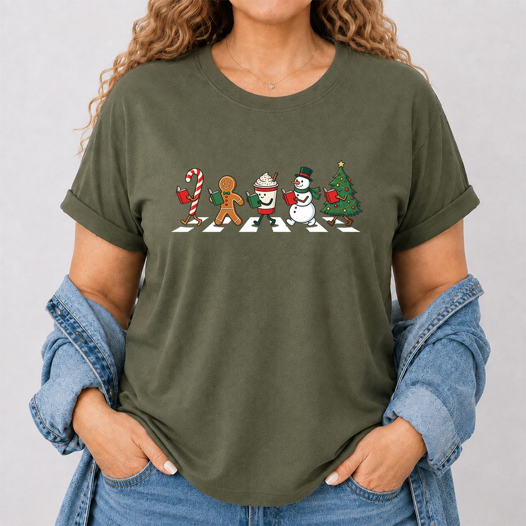 Christmas Reading Parade Printed T-Shirt | Christmas Reader Gift Military Green