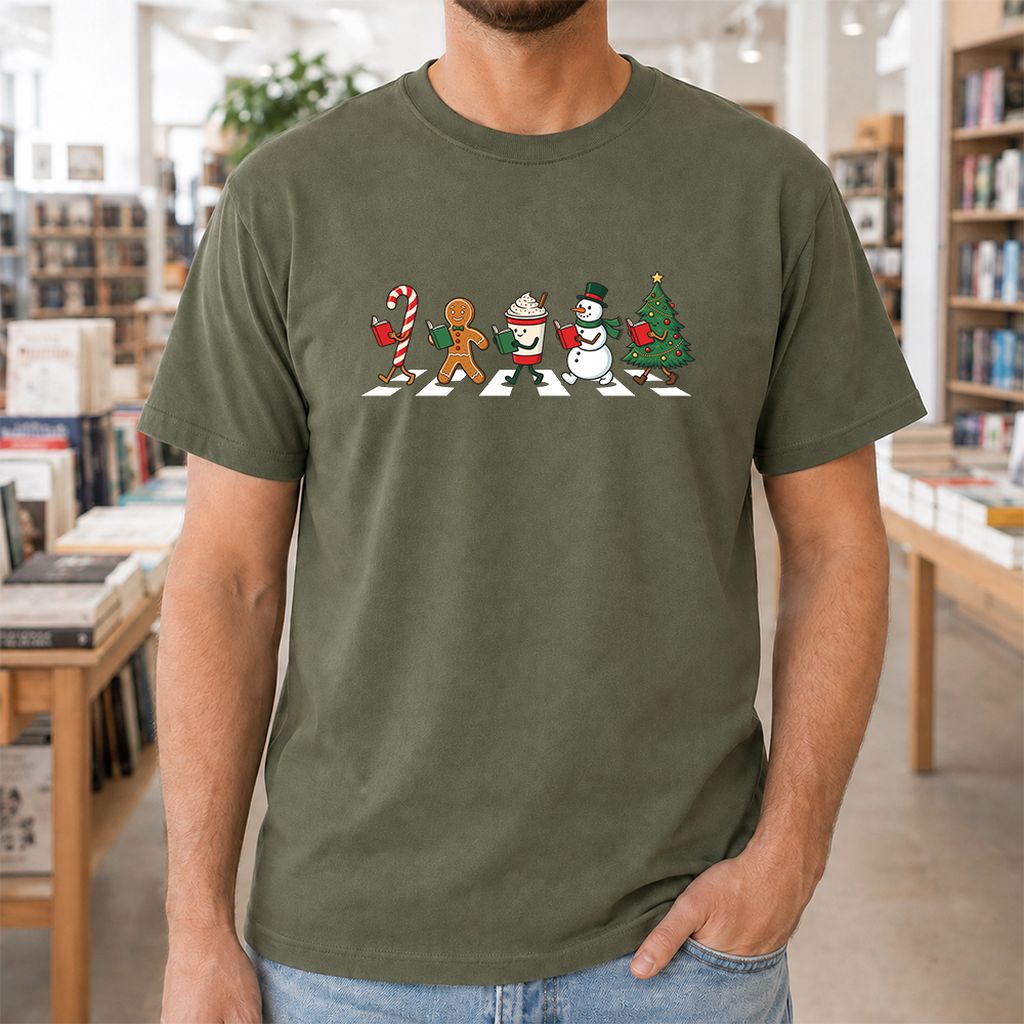 Christmas Reading Parade Printed T-Shirt | Christmas Reader Gift Military Green