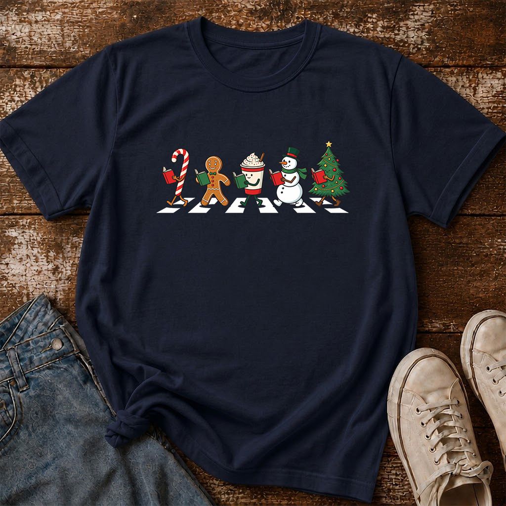 Christmas Reading Parade Printed T-Shirt | Christmas Reader Gift Navy