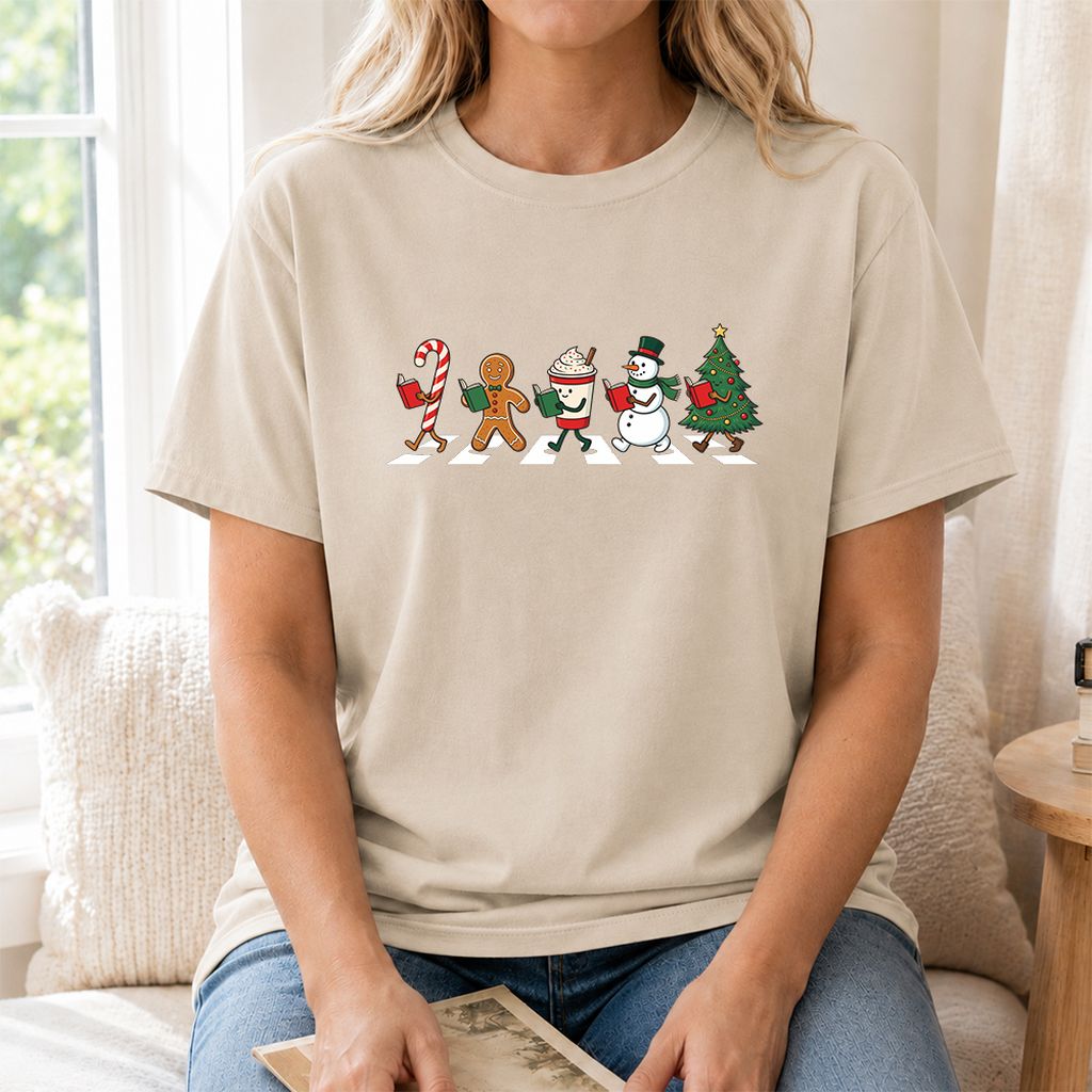 Christmas Reading Parade Printed T-Shirt | Christmas Reader Gift Sand