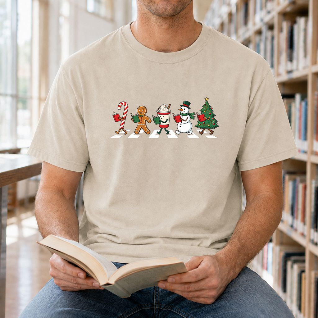 Christmas Reading Parade Printed T-Shirt | Christmas Reader Gift Sand