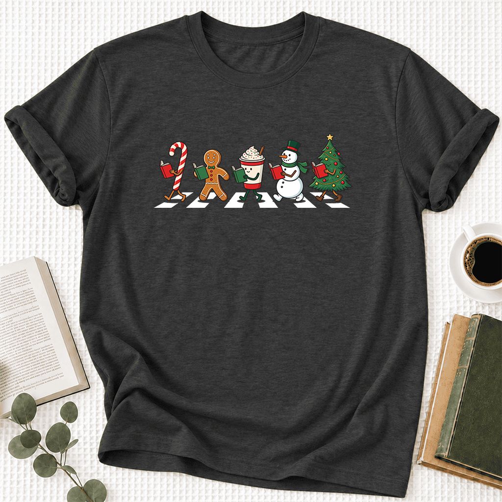 Christmas Reading Parade Ultra-Soft Cotton T-Shirt | Christmas Reader Gift Dark Grey Heather