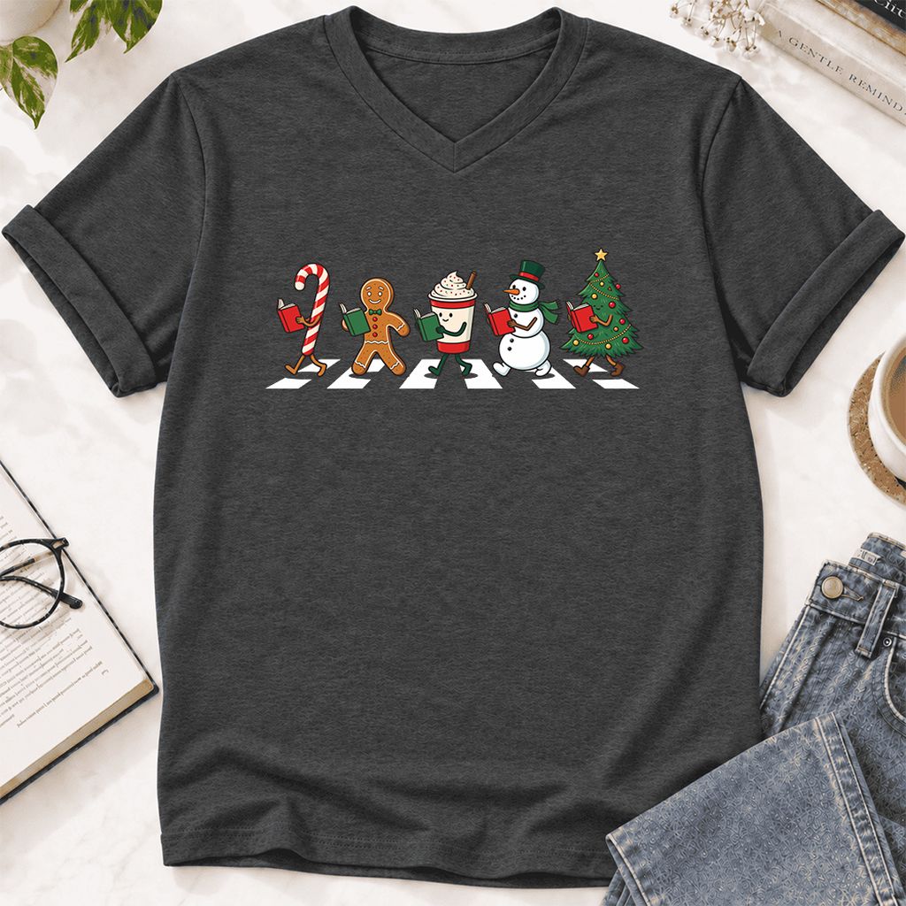 Christmas Reading Parade Ultra-Soft V-Neck | Christmas Reader Gift Dark Grey Heather