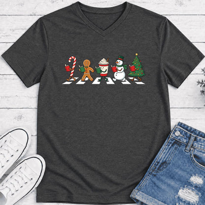 Christmas Reading Parade Ultra-Soft V-Neck | Christmas Reader Gift Dark Grey Heather