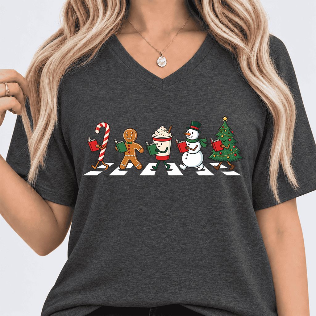 Christmas Reading Parade Ultra-Soft V-Neck | Christmas Reader Gift Dark Grey Heather