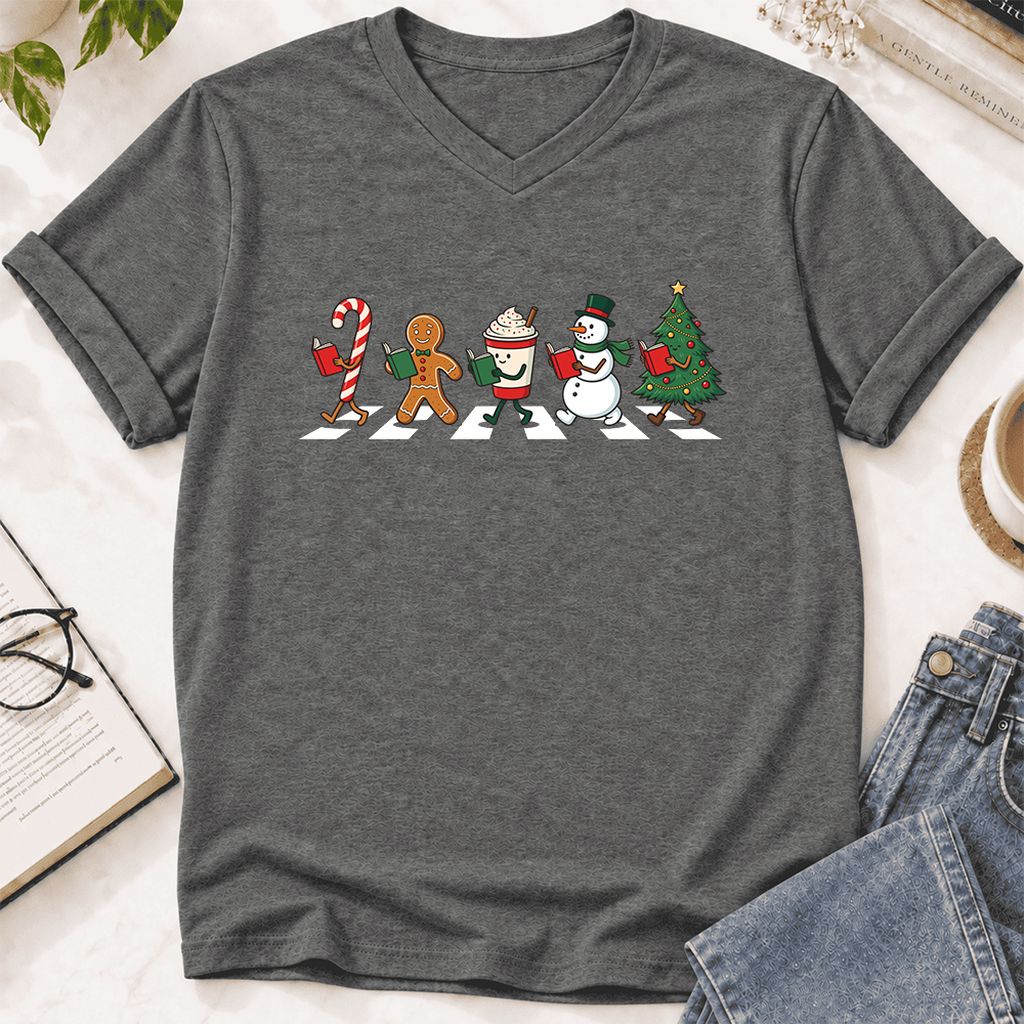 Christmas Reading Parade Ultra-Soft V-Neck | Christmas Reader Gift Deep Heather