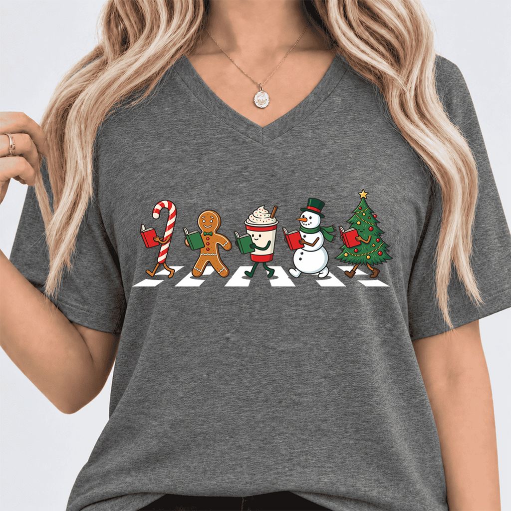 Christmas Reading Parade Ultra-Soft V-Neck | Christmas Reader Gift Deep Heather