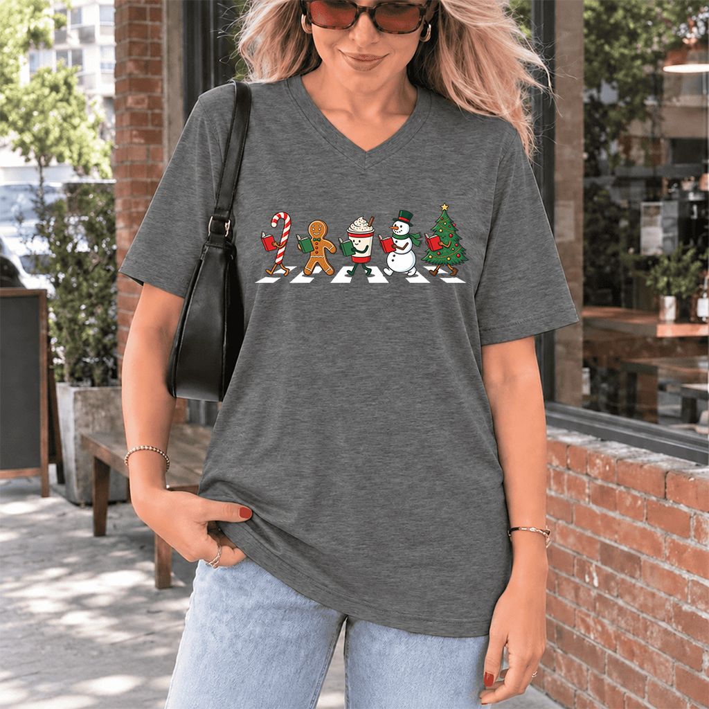 Christmas Reading Parade Ultra-Soft V-Neck | Christmas Reader Gift Deep Heather