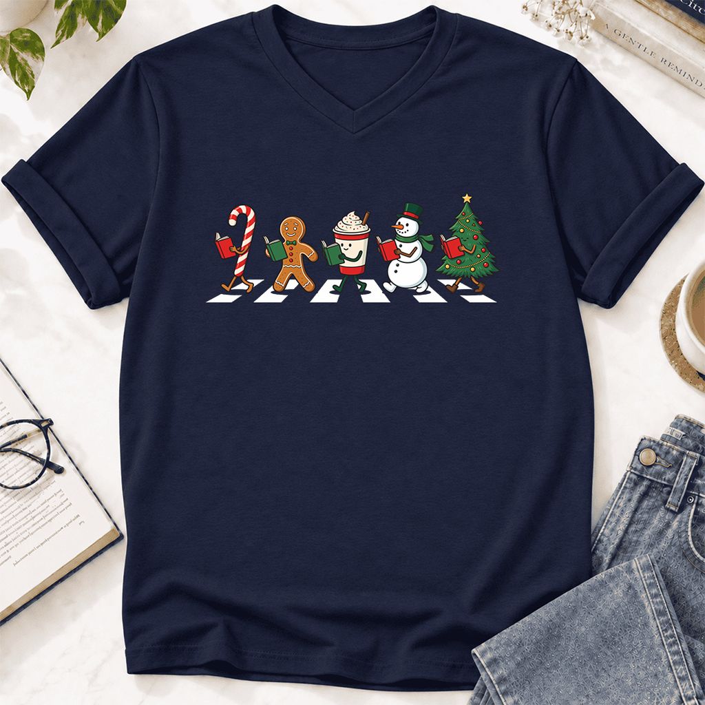Christmas Reading Parade Ultra-Soft V-Neck | Christmas Reader Gift Navy