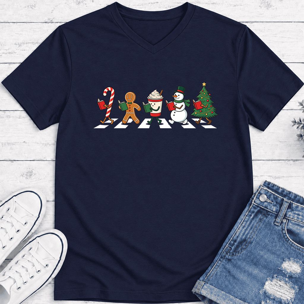 Christmas Reading Parade Ultra-Soft V-Neck | Christmas Reader Gift Navy
