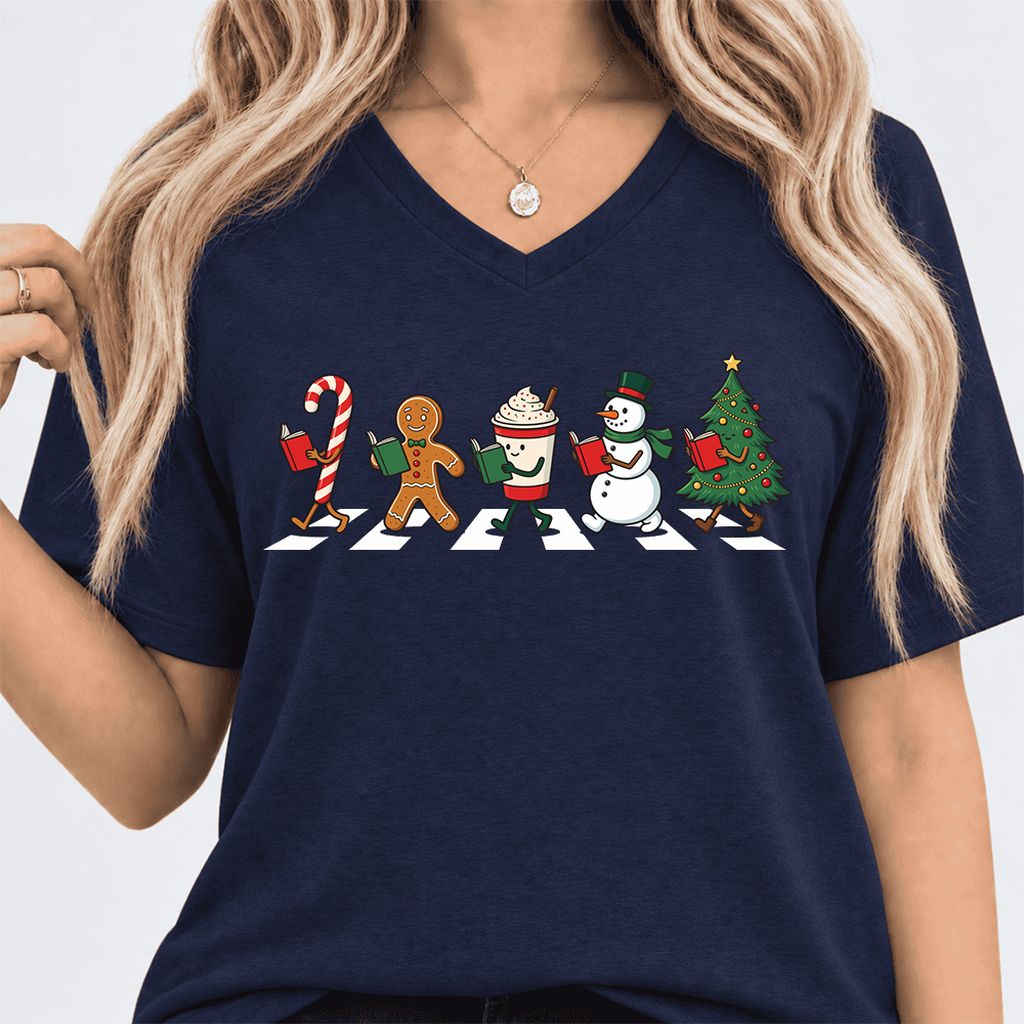 Christmas Reading Parade Ultra-Soft V-Neck | Christmas Reader Gift Navy