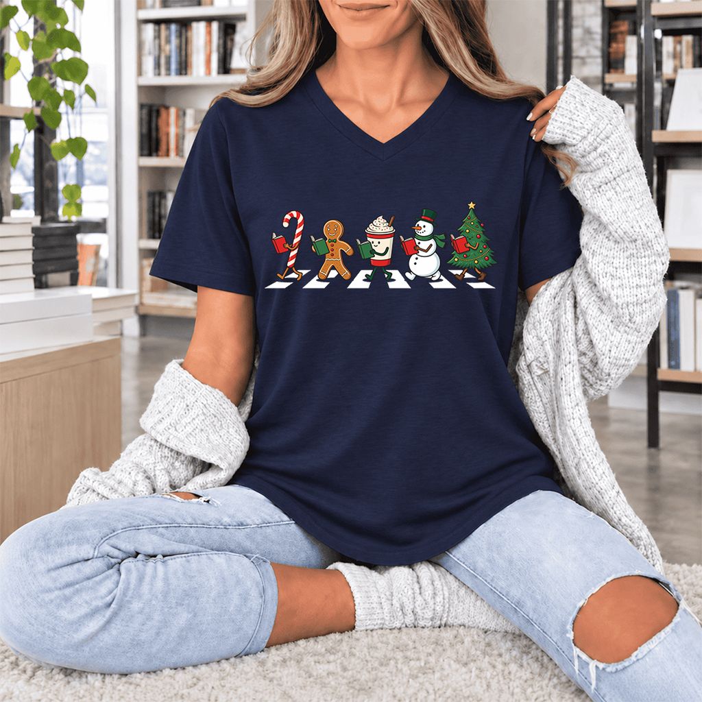 Christmas Reading Parade Ultra-Soft V-Neck | Christmas Reader Gift Navy