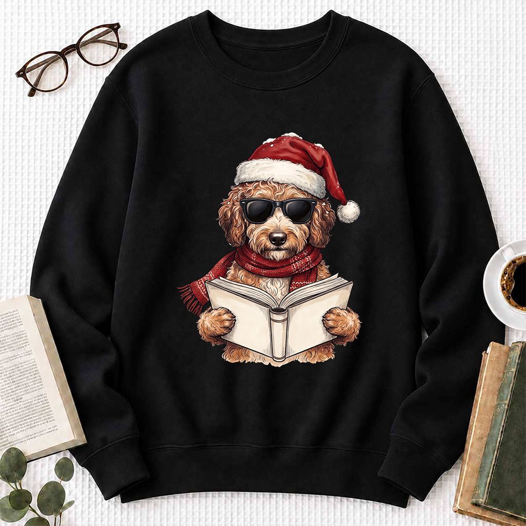 Festive Poodle Reading Printed Sweatshirt | Cozy Christmas Book Lover Gift Black