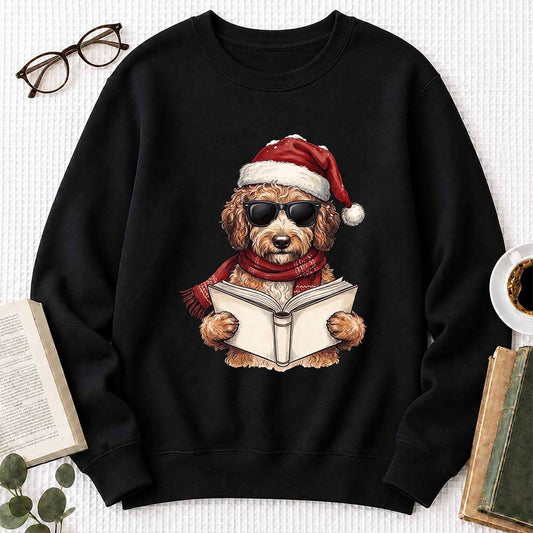 Festive Poodle Reading Crewneck Sweatshirt | Cozy Christmas Book Lover Gift Black