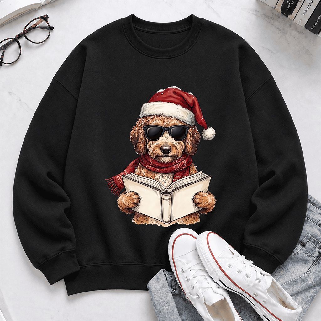 Festive Poodle Reading Printed Sweatshirt | Cozy Christmas Book Lover Gift Black