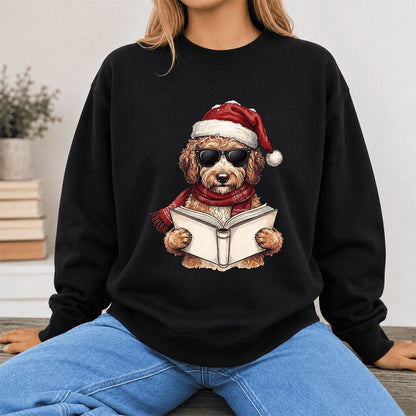 Festive Poodle Reading Printed Sweatshirt | Cozy Christmas Book Lover Gift Black