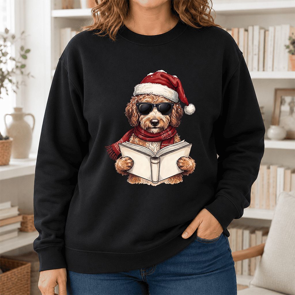 Festive Poodle Reading Printed Sweatshirt | Cozy Christmas Book Lover Gift Black