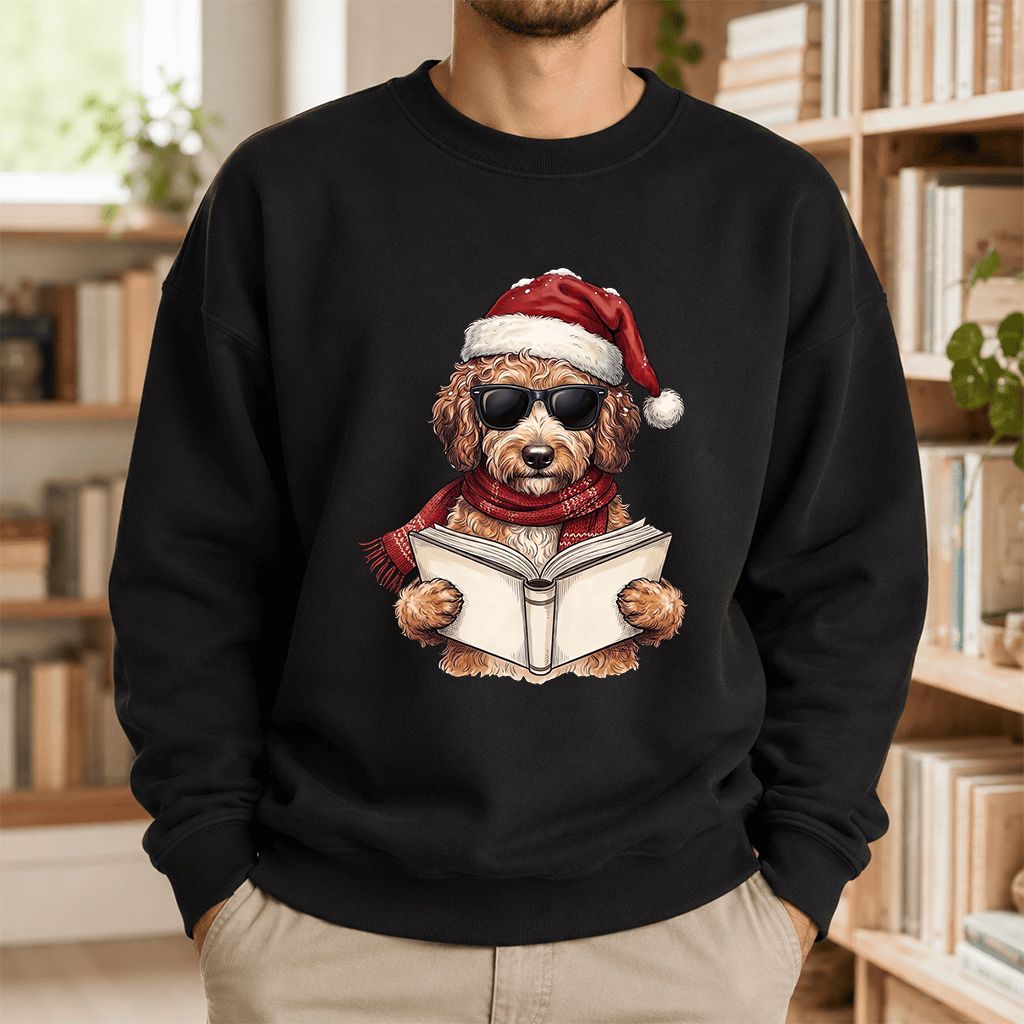 Festive Poodle Reading Printed Sweatshirt | Cozy Christmas Book Lover Gift Black