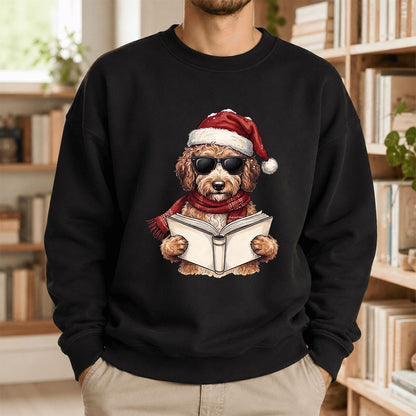 Festive Poodle Reading Printed Sweatshirt | Cozy Christmas Book Lover Gift Black