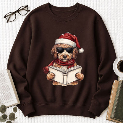 Festive Poodle Reading Printed Sweatshirt | Cozy Christmas Book Lover Gift Dark Chocolate