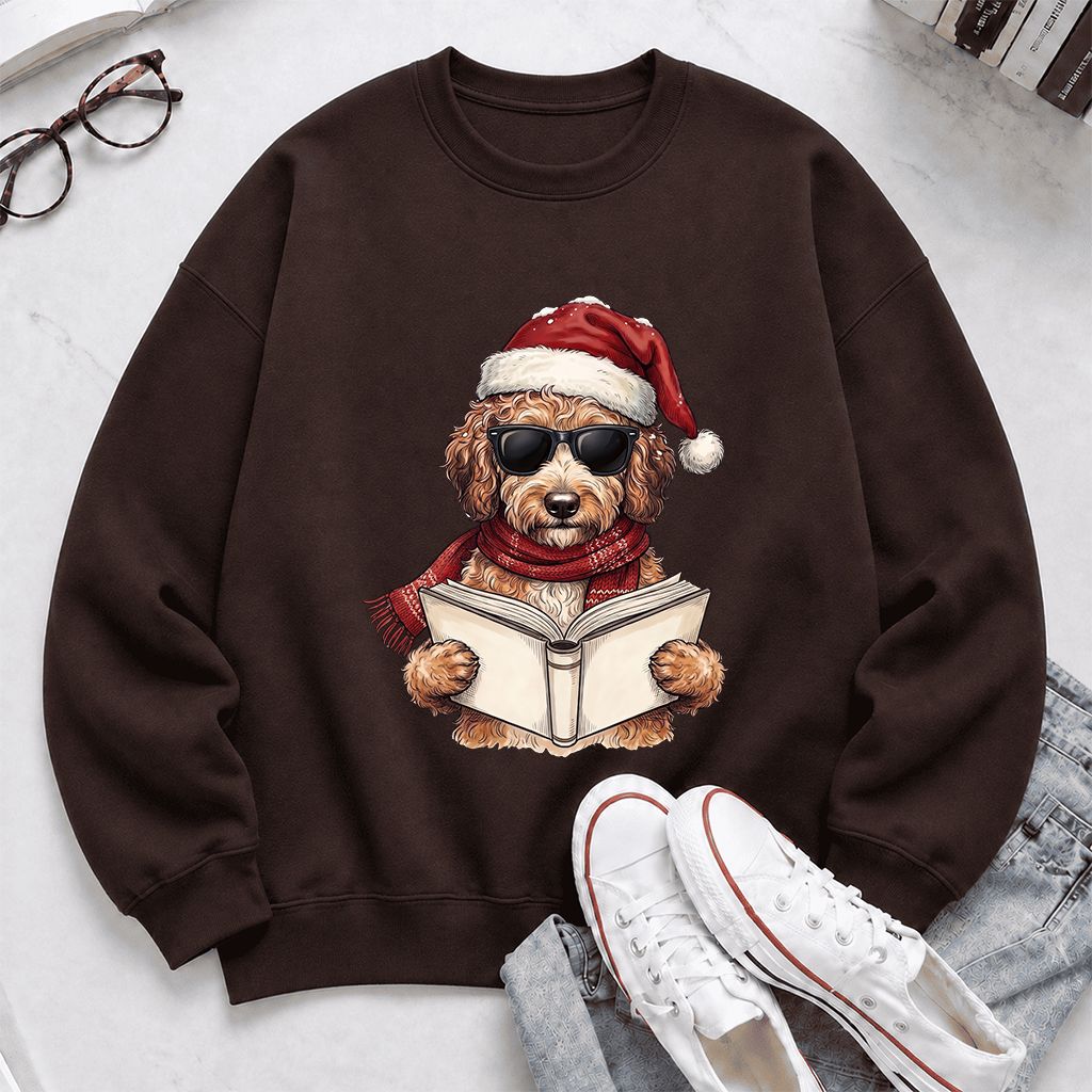Festive Poodle Reading Printed Sweatshirt | Cozy Christmas Book Lover Gift Dark Chocolate