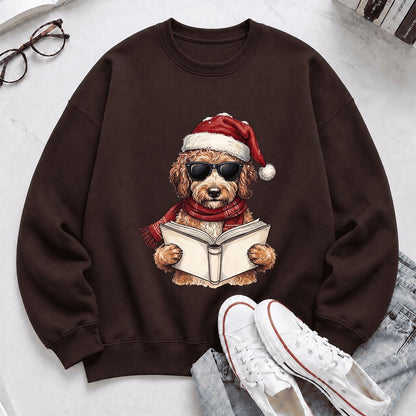 Festive Poodle Reading Printed Sweatshirt | Cozy Christmas Book Lover Gift Dark Chocolate