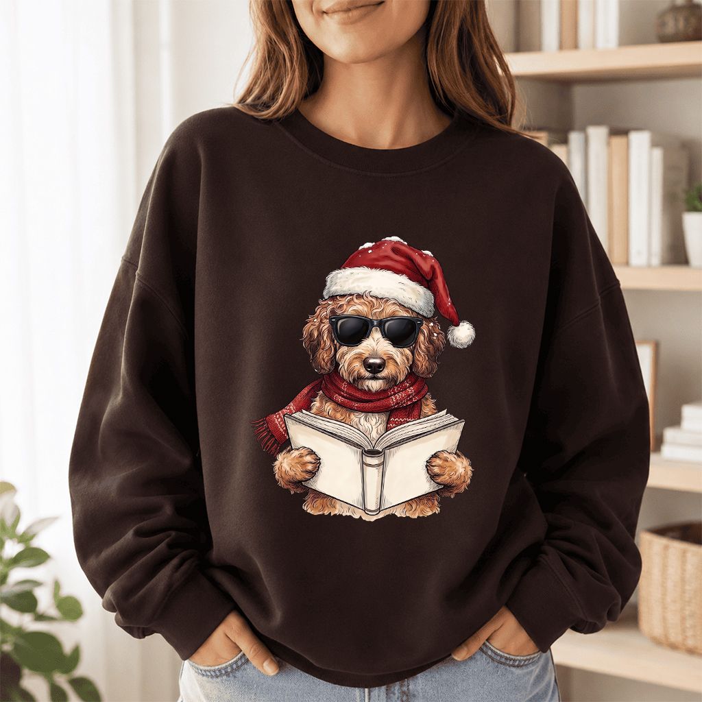 Festive Poodle Reading Printed Sweatshirt | Cozy Christmas Book Lover Gift Dark Chocolate