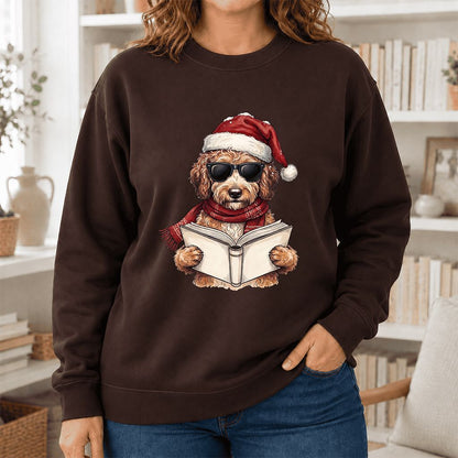 Festive Poodle Reading Printed Sweatshirt | Cozy Christmas Book Lover Gift Dark Chocolate