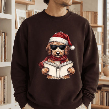 Festive Poodle Reading Printed Sweatshirt | Cozy Christmas Book Lover Gift Dark Chocolate